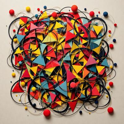 The primary subject of the image is a colorful, abstract arrangement of various shapes and colors. The setting is a white background, which provides a clean and uncluttered environment for the artwork. The visual style is a combination of digital art and illustration, creating a unique and eye-catching pattern. The dominant colors in the image are yellow, red, blue, and orange, which contribute to a lively and vibrant atmosphere.